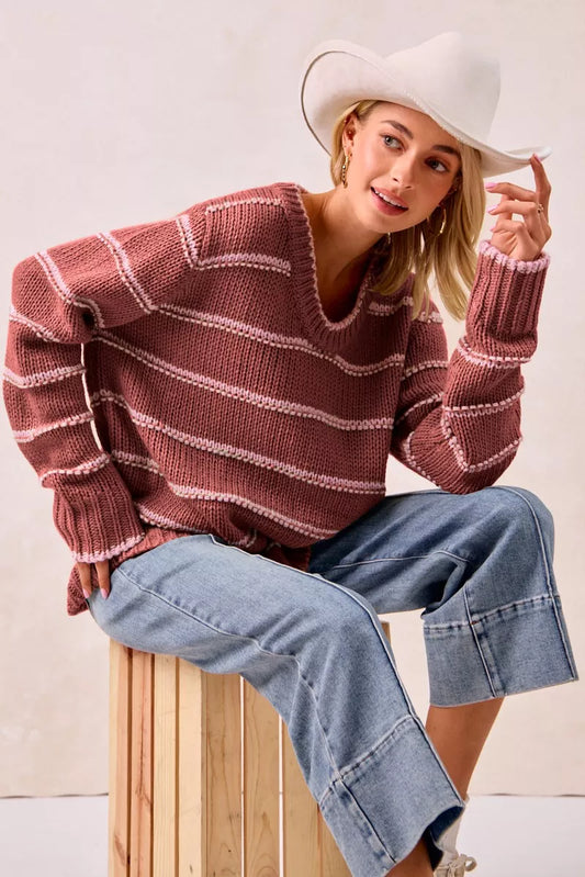 Trendsi boho striped sweater for women in pink and white worn with light blue wide-leg jeans