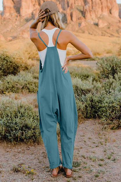 Trendsi boho v-neck sleeveless jumpsuit in blue, showcasing a relaxed fit and stylish back design
