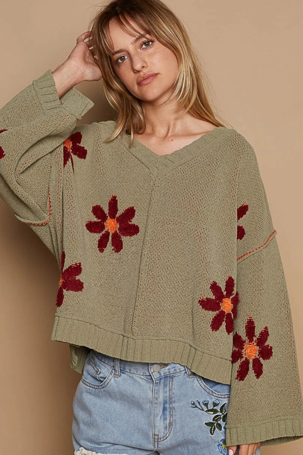 Trendsi boho floral chenille sweater in olive green featuring large flower designs