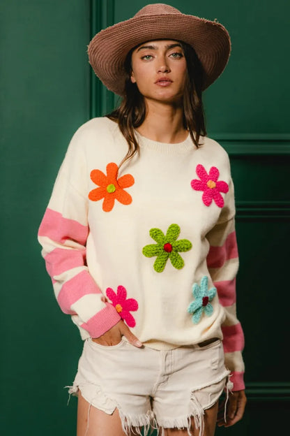 Trendsi colorful floral sweater for women with bright flower appliques and pink stripes