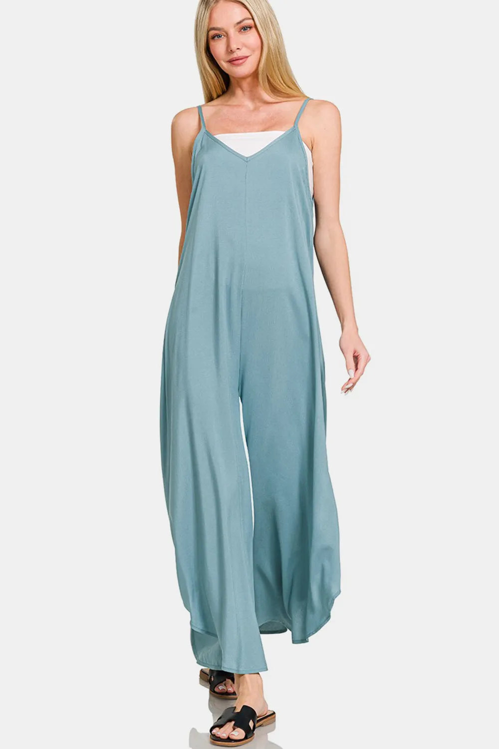Zenana Spaghetti Strap Wide Leg Overalls with Pockets-Soul Flow Apparel