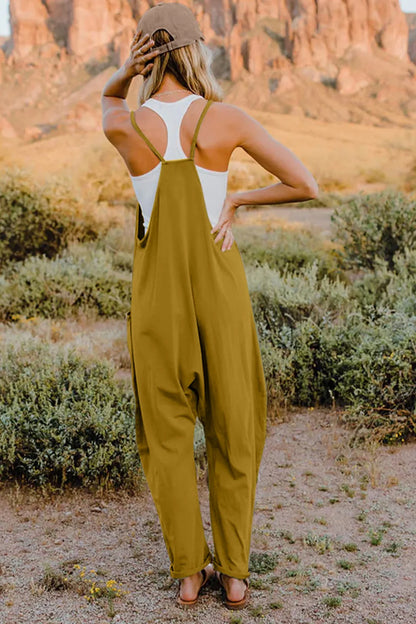 Boho v-neck sleeveless jumpsuit in olive green with relaxed fit, perfect for casual summer outings