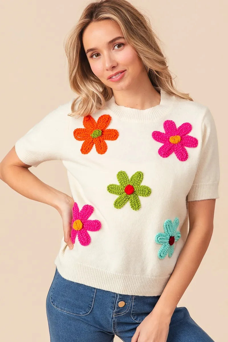 Trendsi crochet flower sweater top in cream with colorful flower appliques for a trendy look