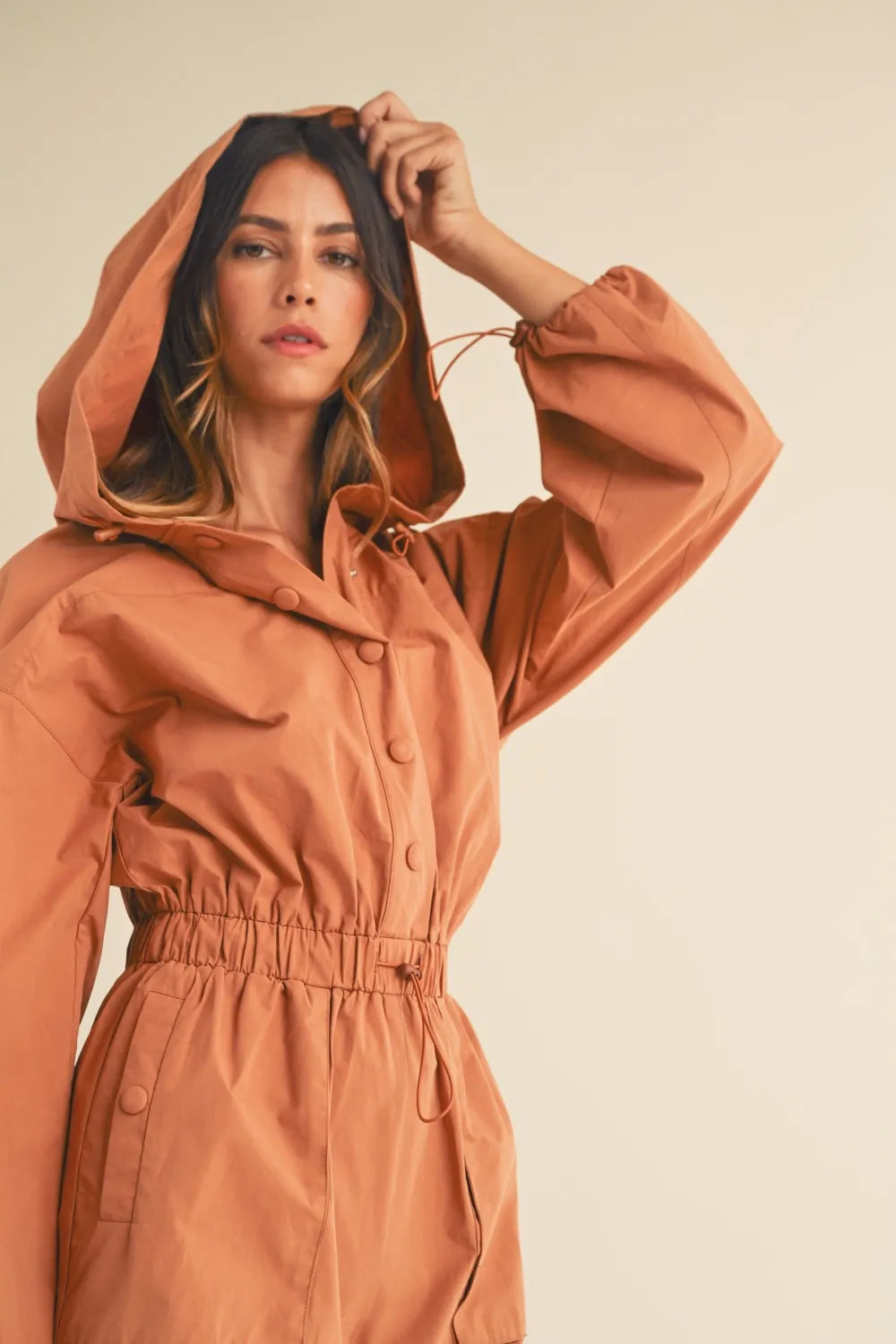 Mable Snap Down Long Sleeve Hooded Romper-Soul Flow Apparel