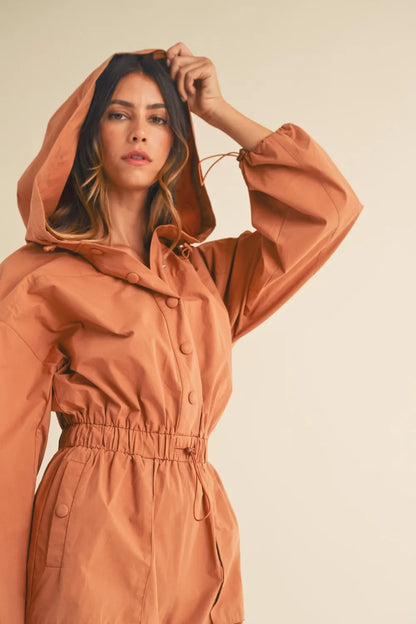 Mable Snap Down Long Sleeve Hooded Romper-Soul Flow Apparel