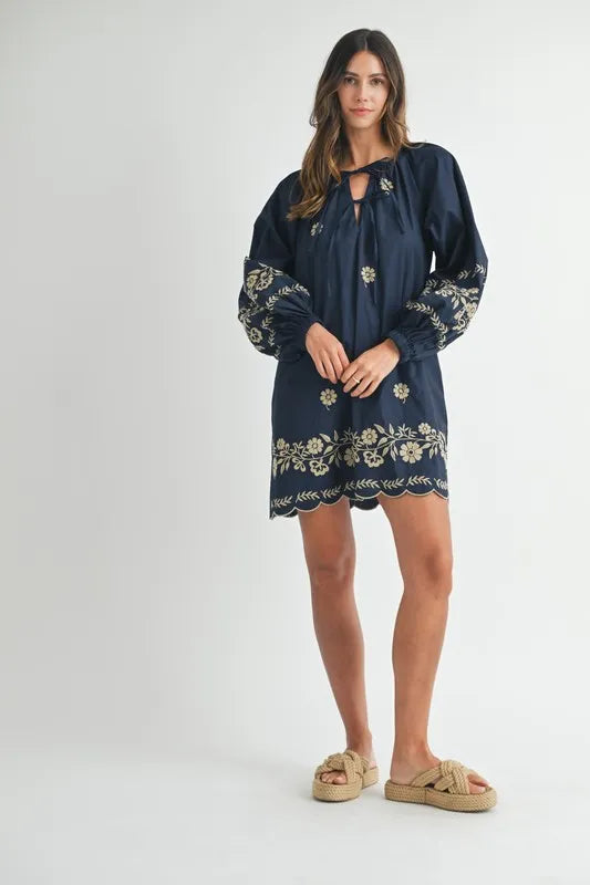 MABLE Embroidered Long Sleeve Peasant Mini Dress-Soul Flow Apparel
