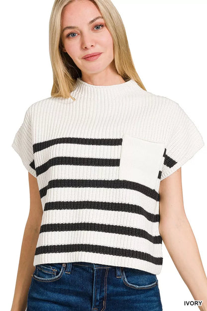 Trendsi boho striped sweater top in ivory with black stripes and a pocket detail