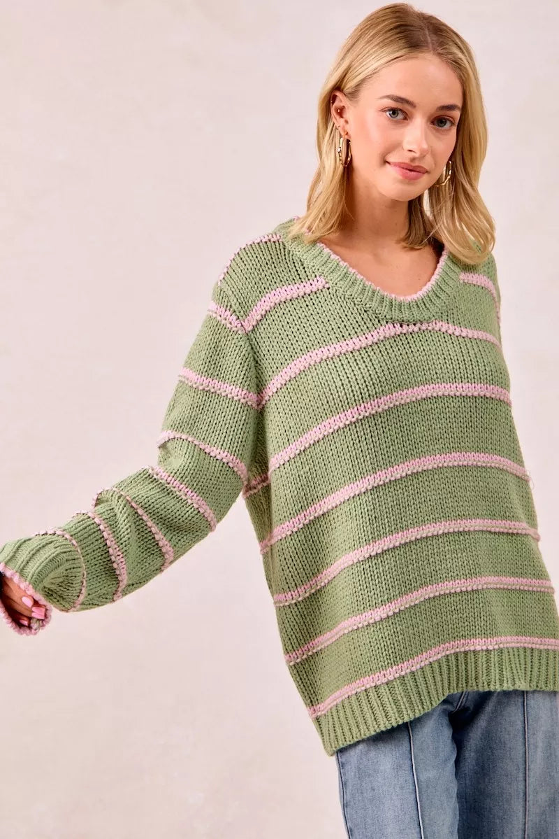 Trendsi boho striped long sleeve sweater in green and pink with a relaxed fit