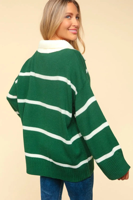 Trendsi boho striped collared sweater in green with white stripes, featuring a relaxed fit