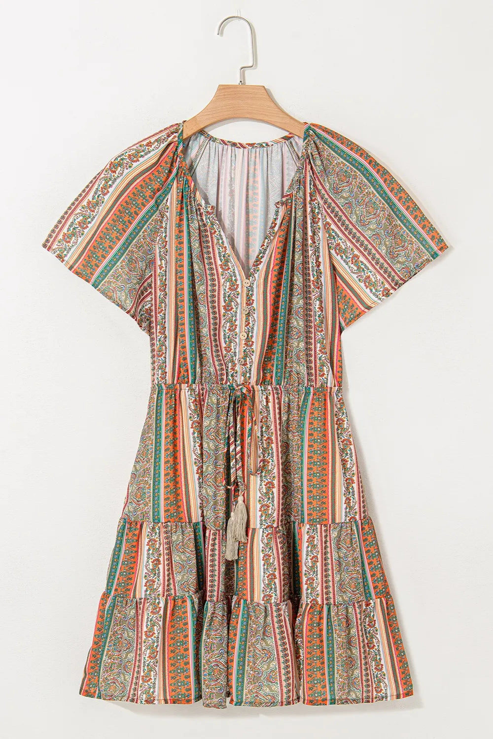 Bohemian Floral Print Buttoned V Neck Ruffle Tiered Dress-Soul Flow Apparel