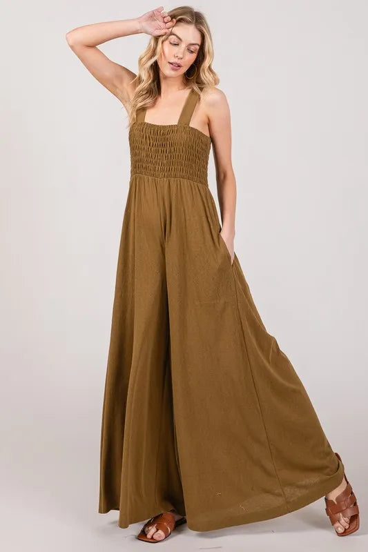 SAGE+FIG Smocked Flowy Wide Leg Jumpsuit-Soul Flow Apparel