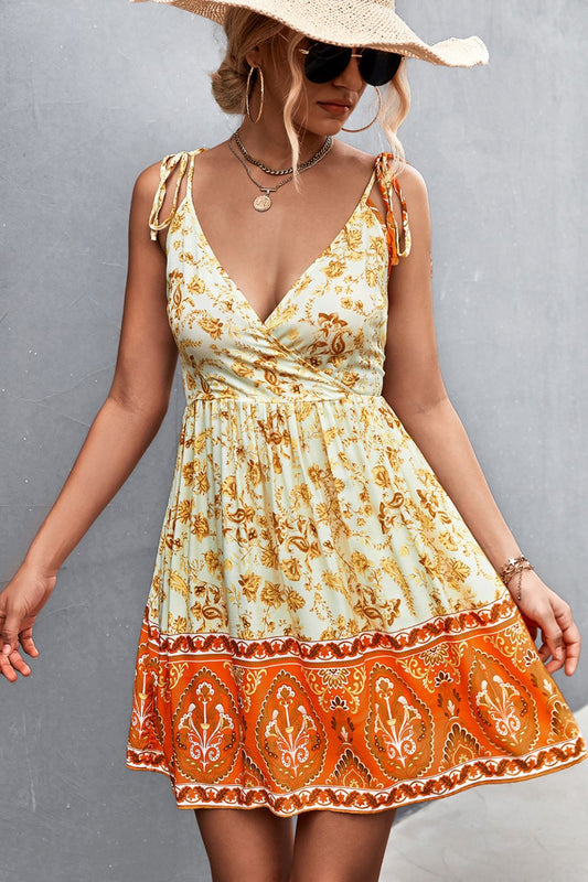 Bohemian Tie Shoulder Surplice Backless Dress-Soul Flow Apparel