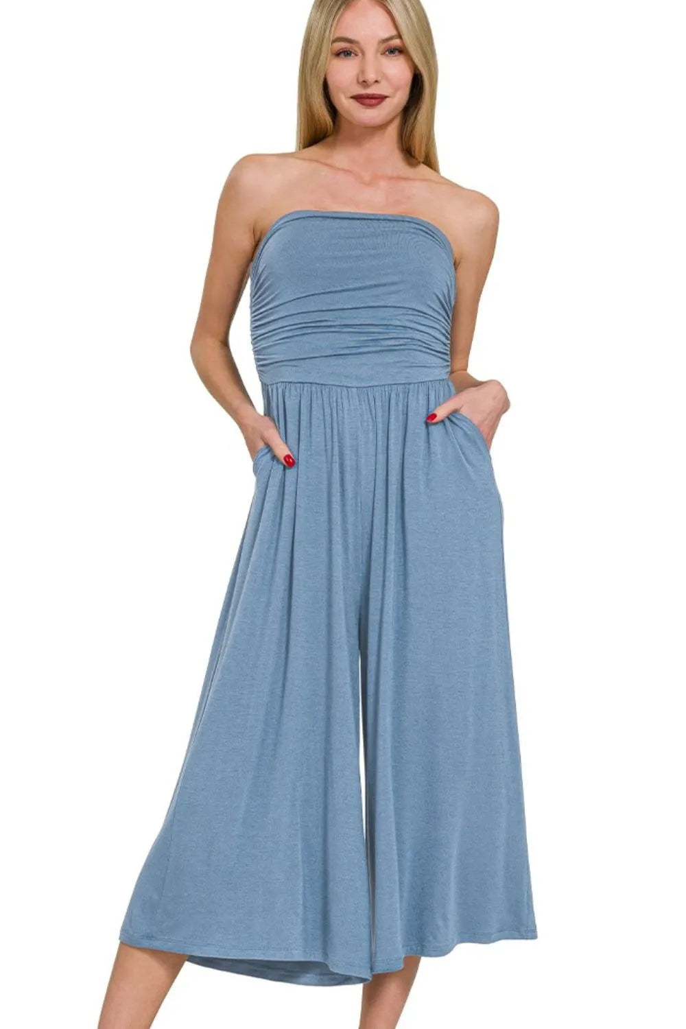 Trendsi boho strapless jumpsuit for women in light blue with a fitted bodice and wide-leg design