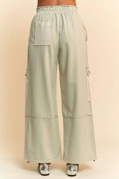 Trendsi lace patchwork adjustable pants in light green with wide-leg fit and stylish pockets