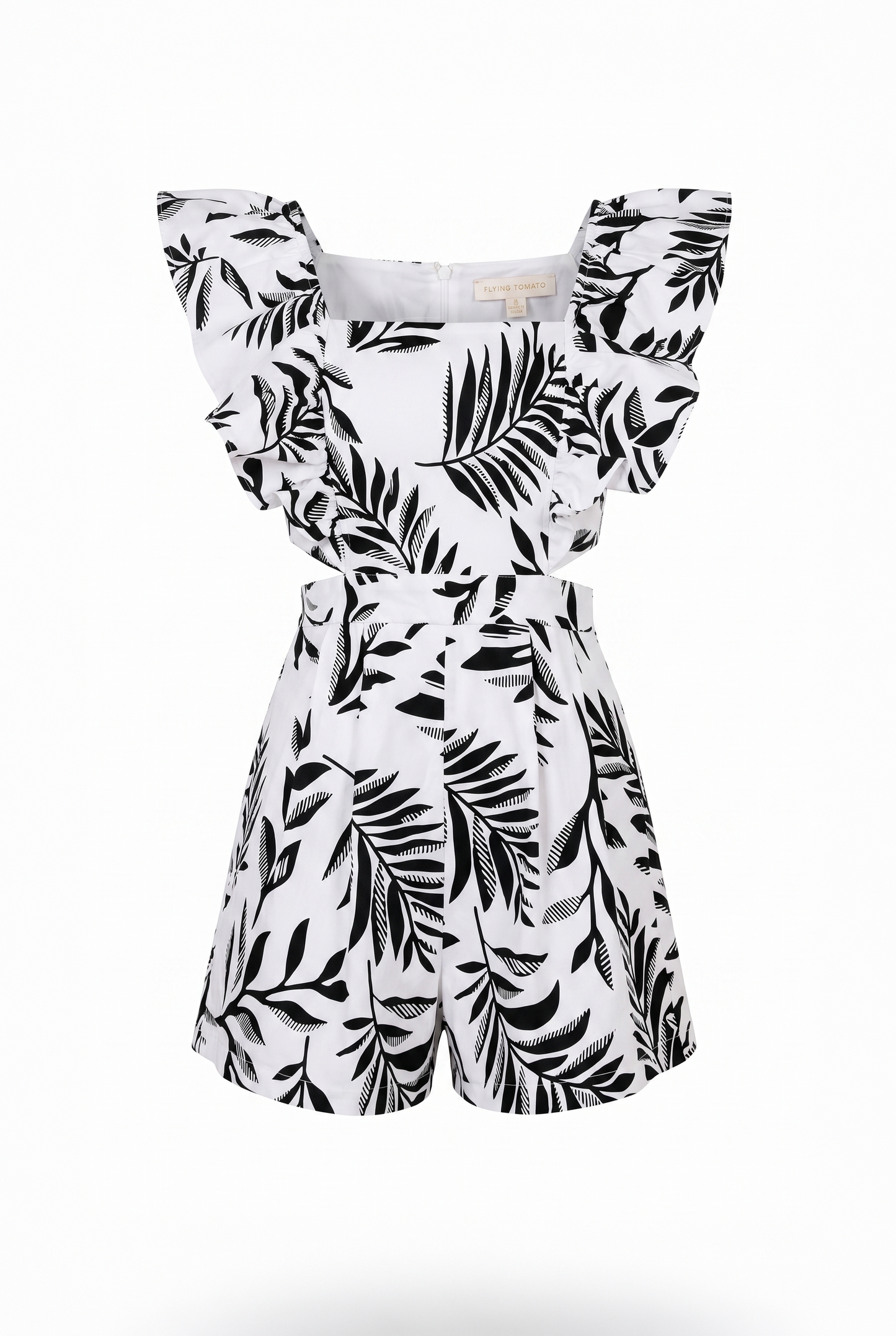 Aurora Stretch Twill Romper With Square Neck Ruffled Sleeves