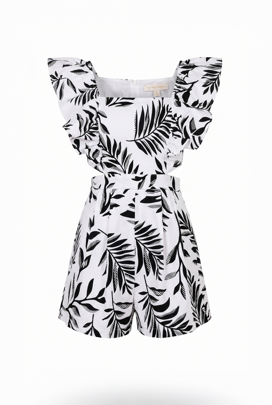 Aurora Stretch Twill Romper With Square Neck Ruffled Sleeves