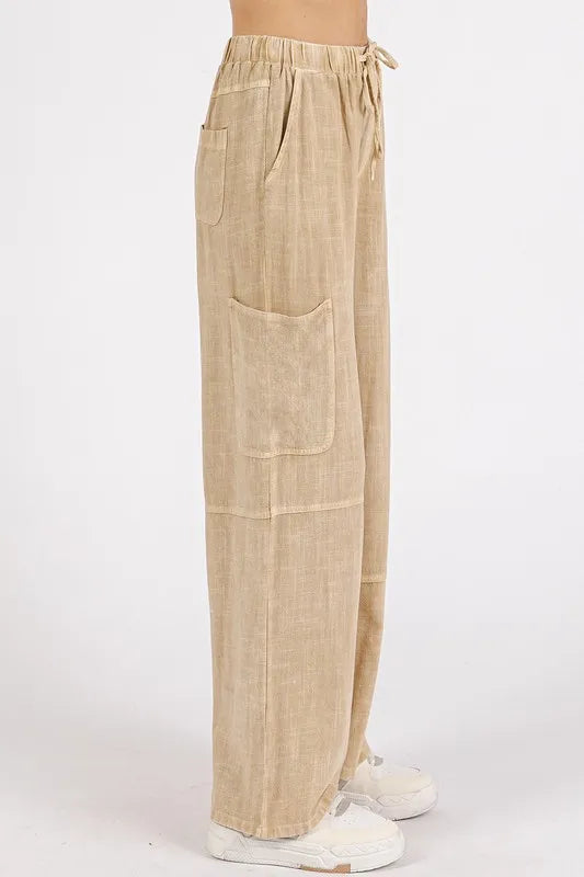 Mineral Wash Drawstring Elastic Waist Pants-Soul Flow Apparel