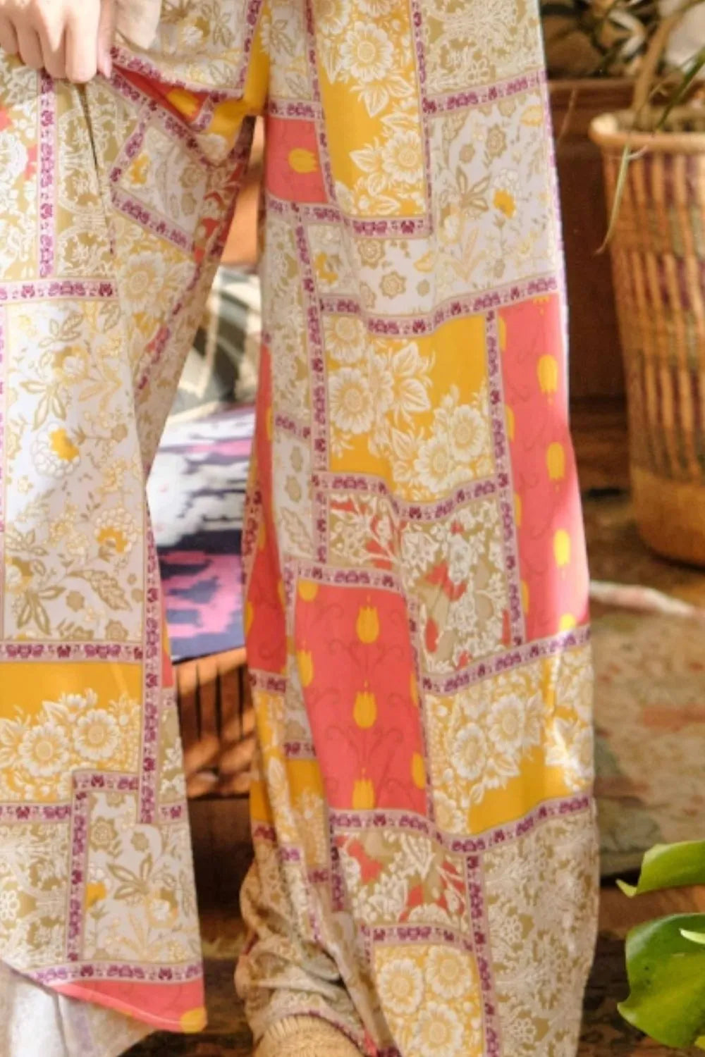 And The Why Printed Smocking Waist Side Slit Wide Leg Pants-Soul Flow Apparel