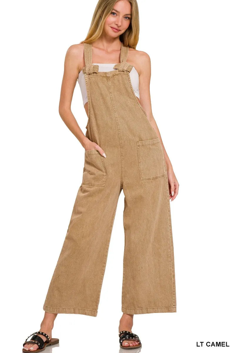 Trendy light camel boho jumpsuit with pockets, featuring a comfortable wide-leg design and adjustable straps