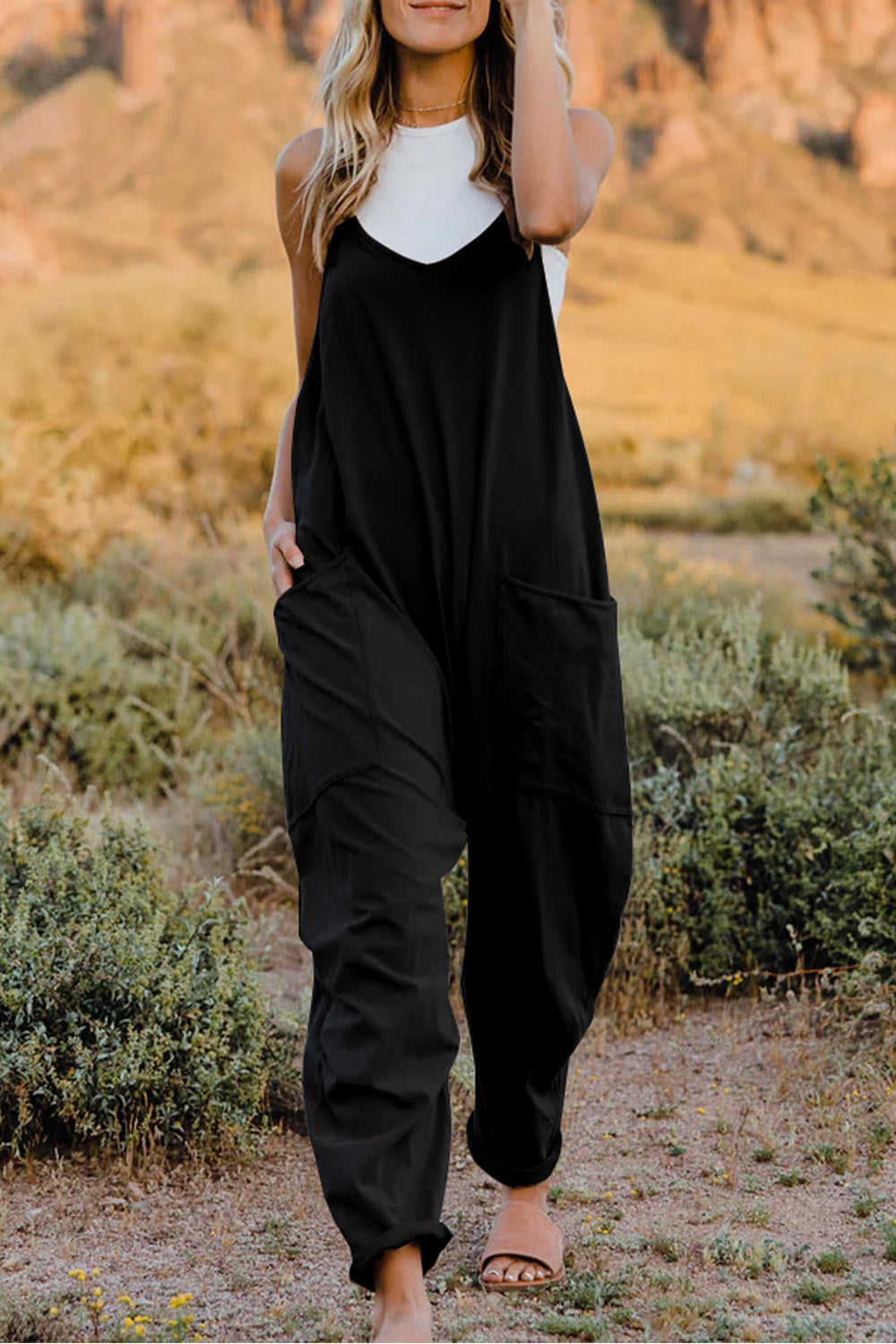 Double Take Full Size V-Neck Sleeveless Jumpsuit with Pockets-Soul Flow Apparel