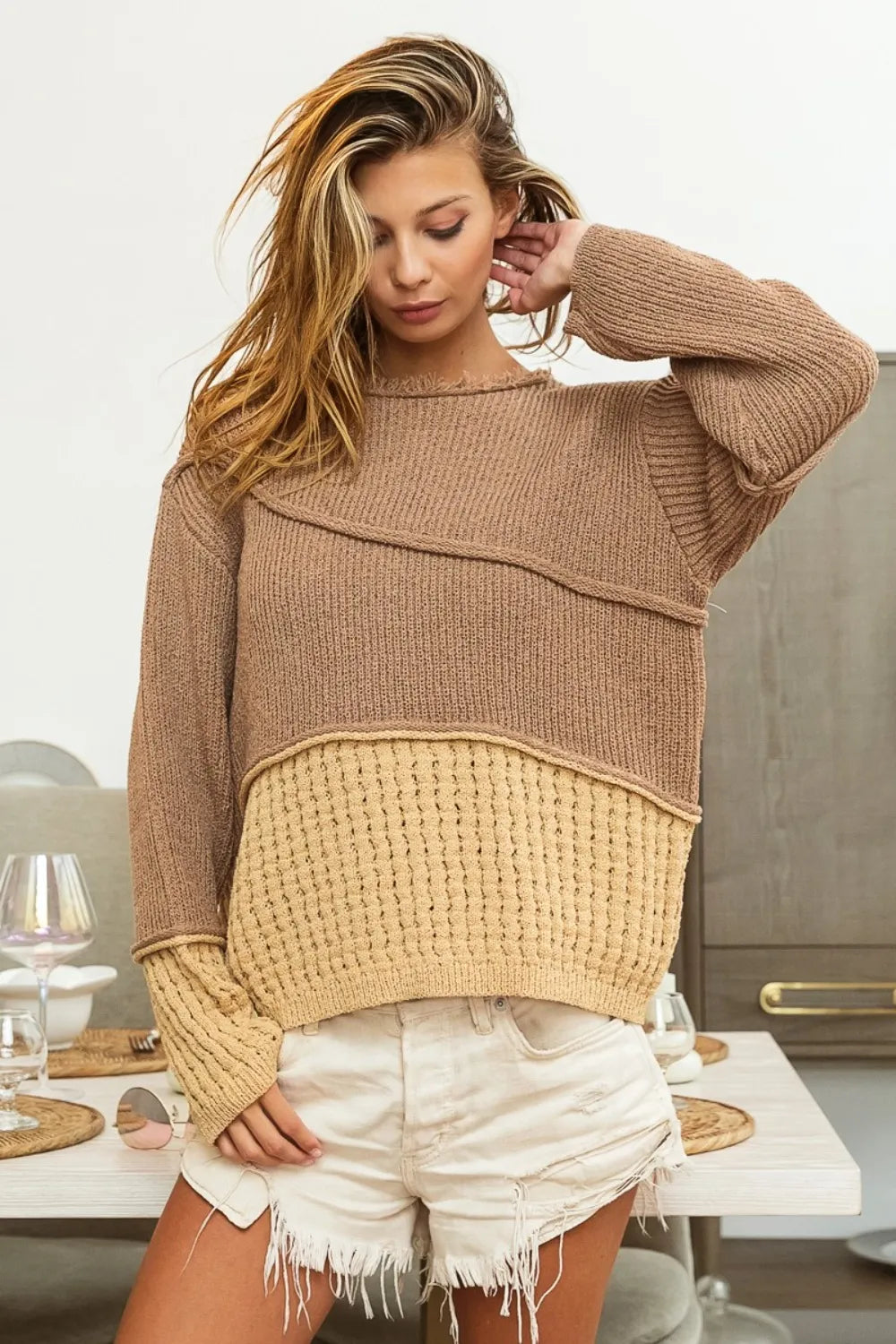 Trendy Boho drop shoulder sweater in brown with textured knit design and relaxed fit