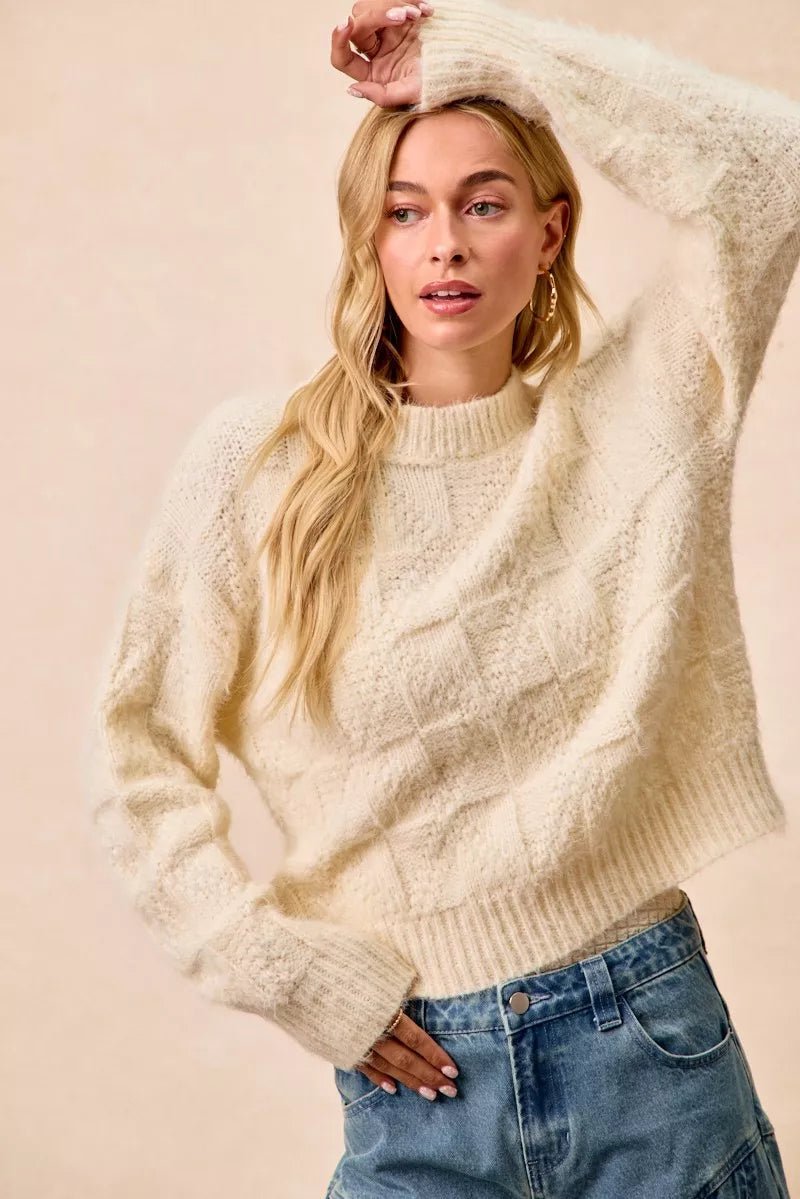 Trendsi Checker Board Drop Shoulder Sweater in Cream with Cozy Texture for Casual Outfits