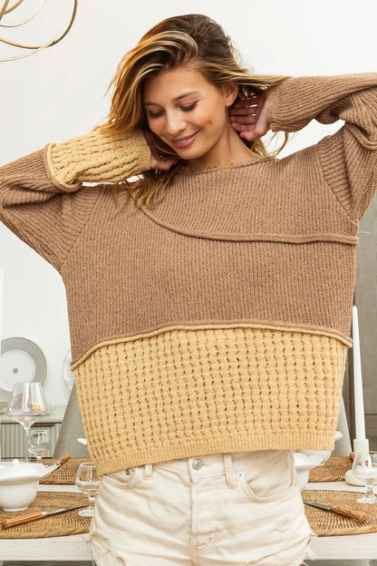 Trendsi Boho drop shoulder sweater in beige and brown with unique textured design