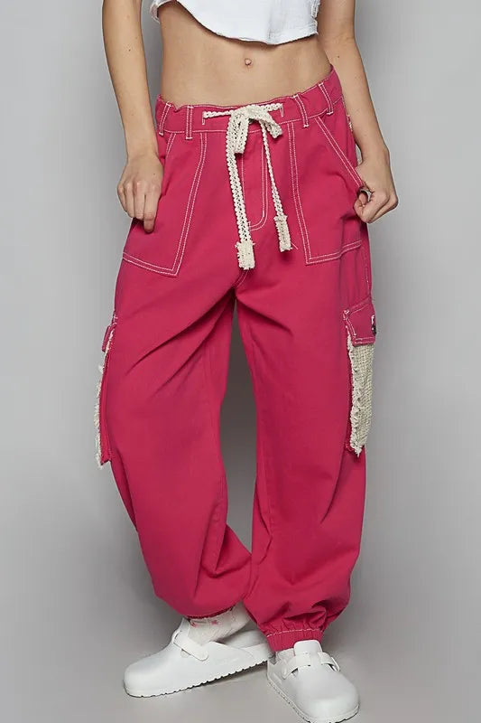 POL Crochet Overlay Pockets Drawstring Pants-Soul Flow Apparel