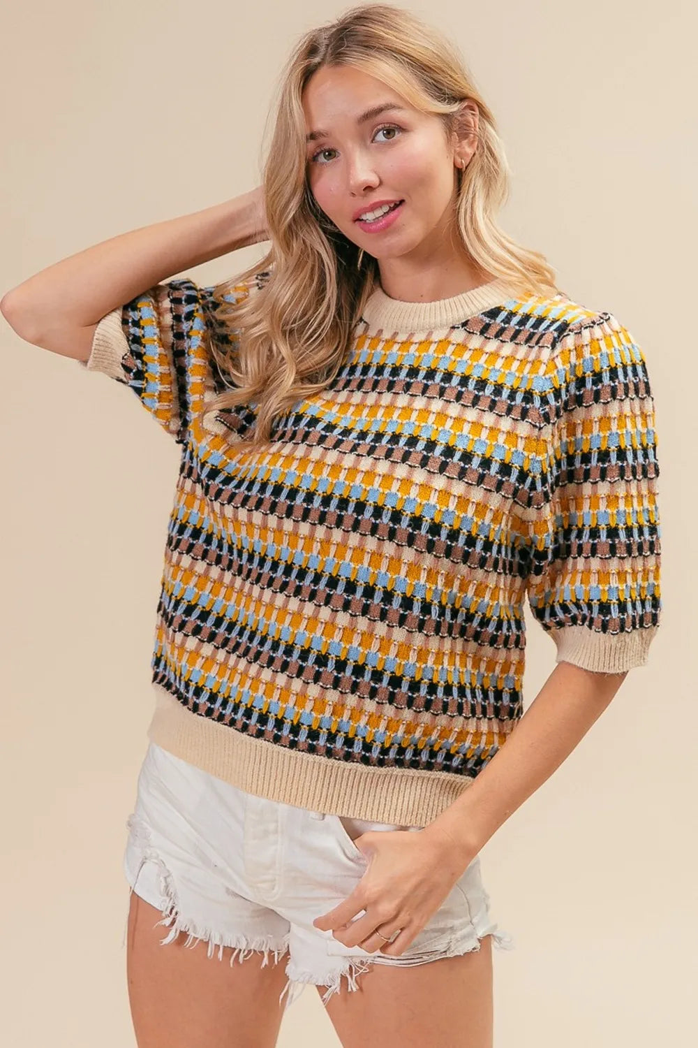 Trendsi Boho Multi Color Sweater with Short Sleeves and Textured Knit Design