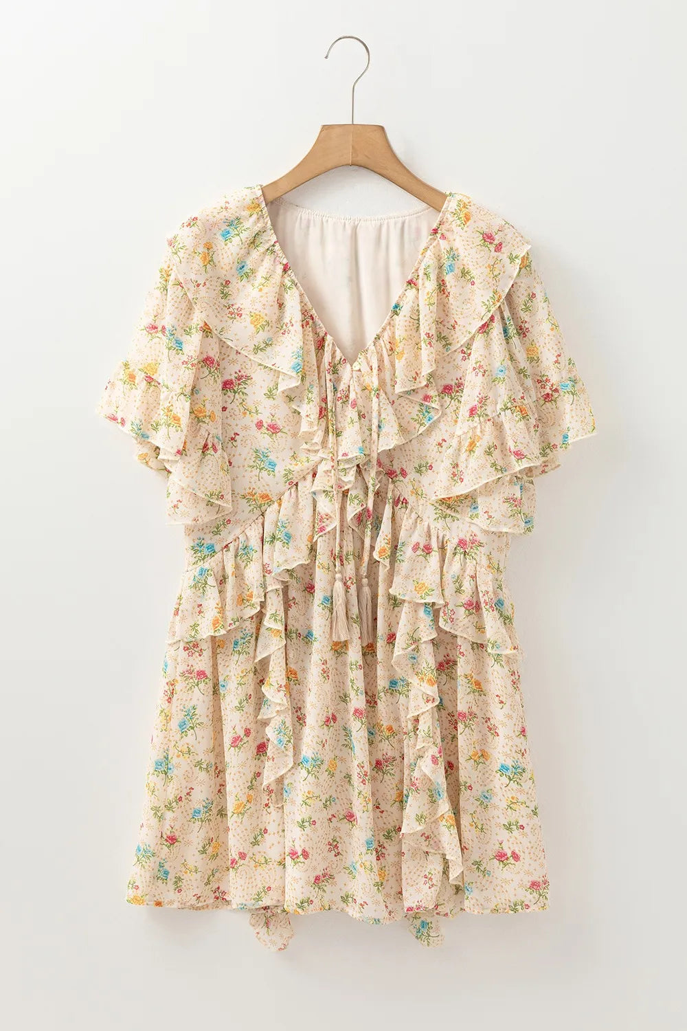 Boho Floral Tassel Tie V Neck Ruffle Wide Sleeve Mini Dress-Soul Flow Apparel
