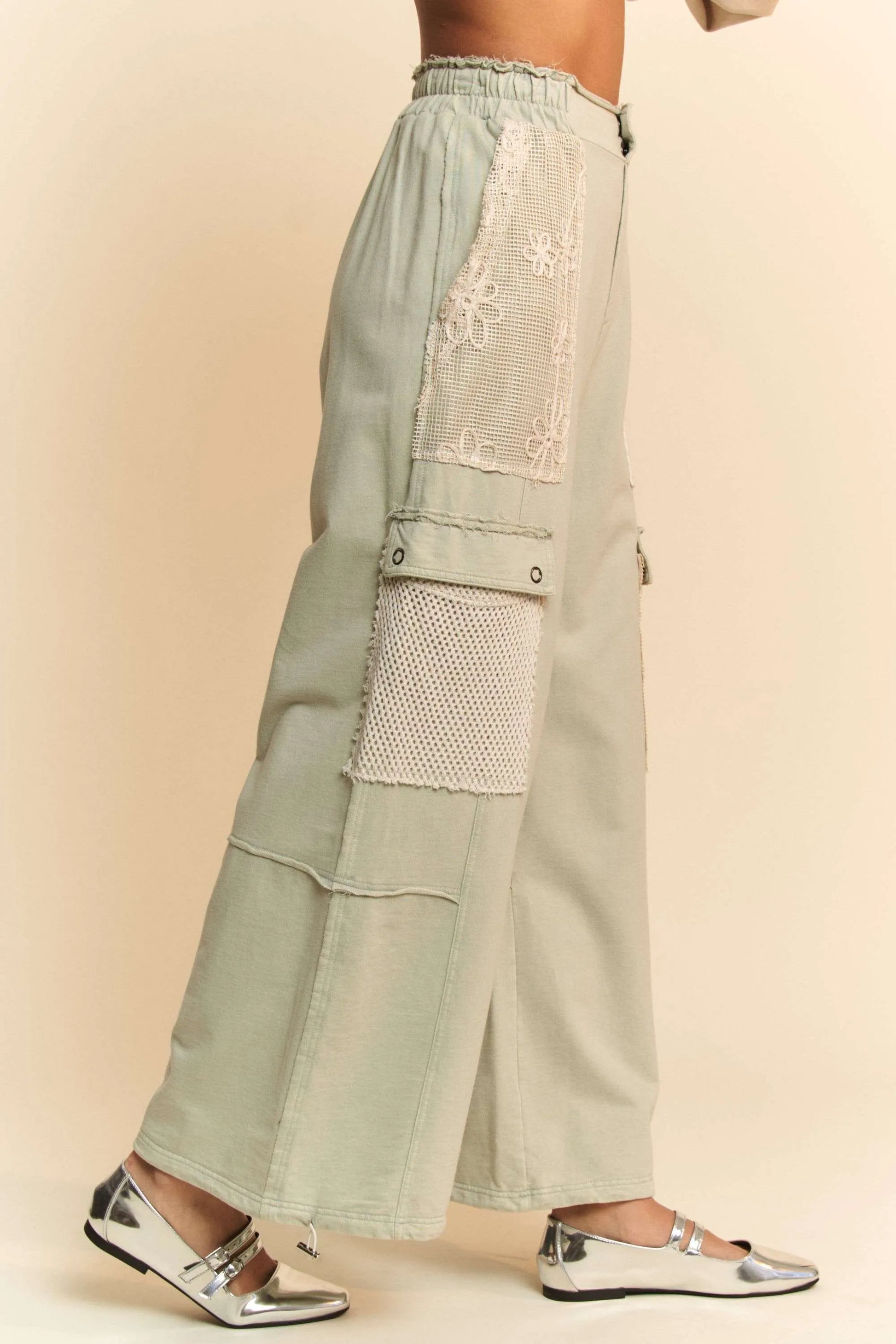 Davi & Dani Lace Patchwork Bottom Opening Adjustable Pants-Soul Flow Apparel