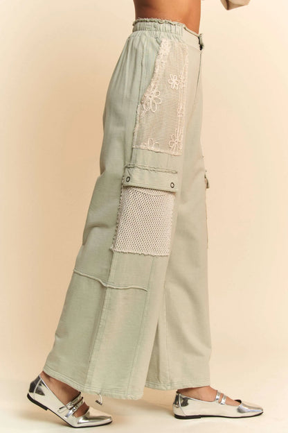Trendsi lace patchwork adjustable pants in light green with unique floral designs and a relaxed fit