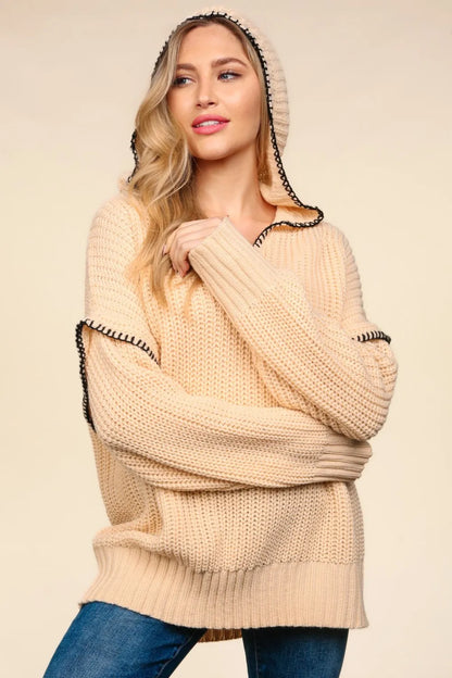 Trendsi boho contrast stitch hooded sweater in beige with relaxed fit and chunky knit design