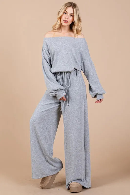 Trendsi boho long sleeve jumpsuit in gray with wide-leg style and off-shoulder design for a relaxed fit