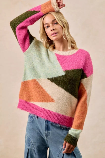 Trendsi Boho Color Block Sweater in pastel colors with oversized fit and cozy texture