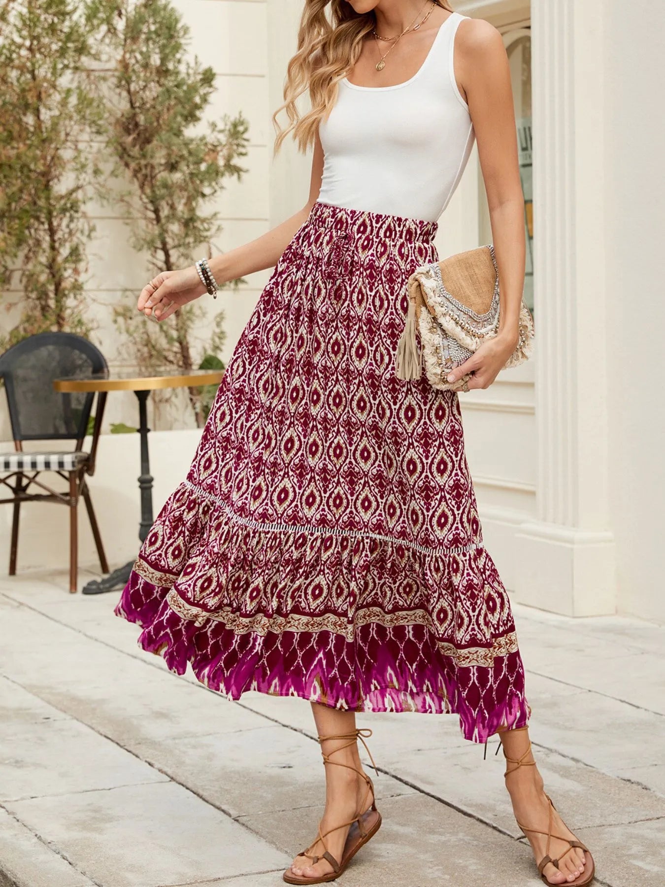 Bohemian Printed Ruched Maxi Skirt-Soul Flow Apparel