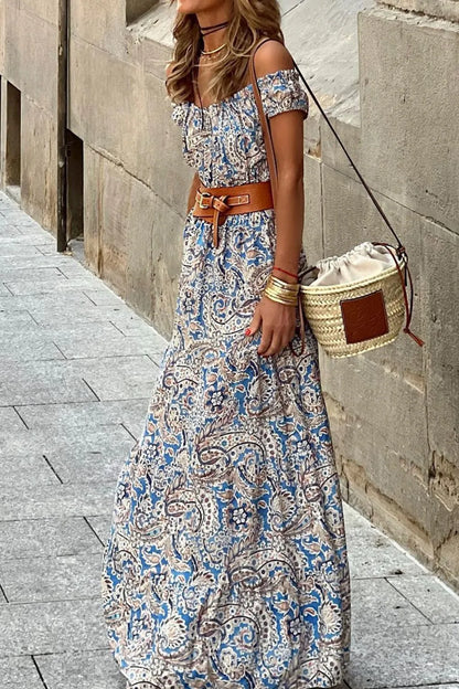 Boho Paisley Print Off Shoulder Maxi Dress-Soul Flow Apparel