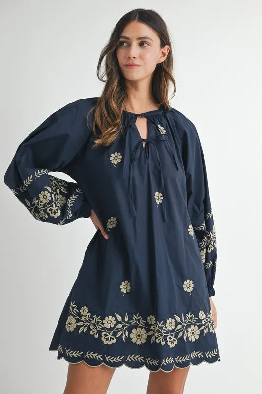 MABLE Embroidered Long Sleeve Peasant Mini Dress-Soul Flow Apparel