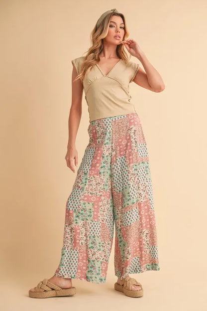 Trendsi Boho Wide Leg Pants in a patchwork design with pastel colors for a stylish summer look