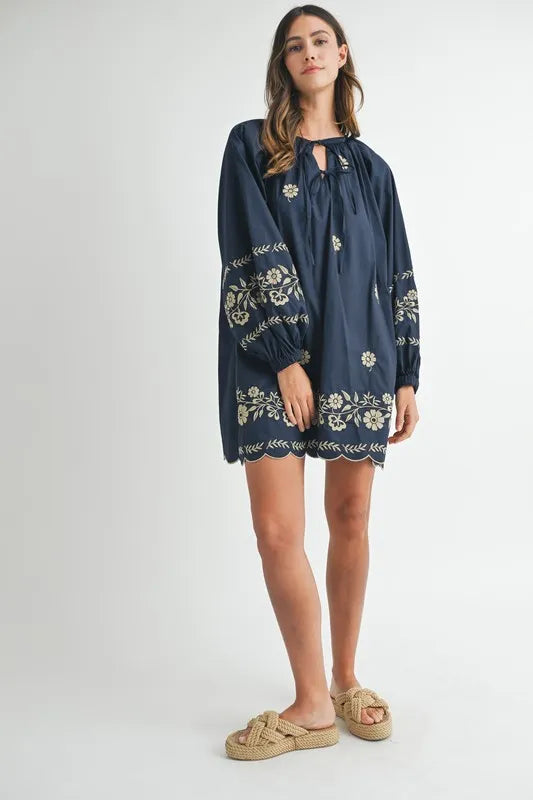 MABLE Embroidered Long Sleeve Peasant Mini Dress-Soul Flow Apparel