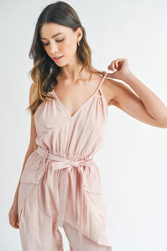 MABLE Washed Fabric Spaghetti Strap Waist Belted Jumpsuit-Soul Flow Apparel