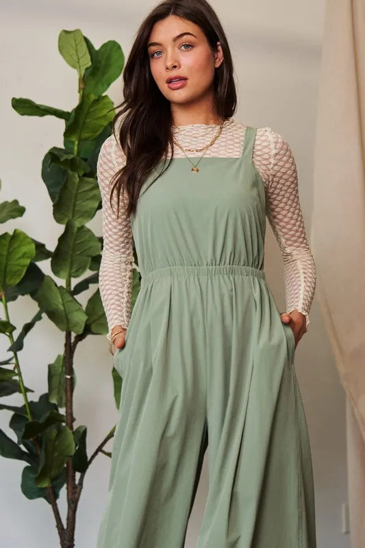 Davi & Dani Creased Wide Legs Elastic Waist Jumpsuit-Soul Flow Apparel
