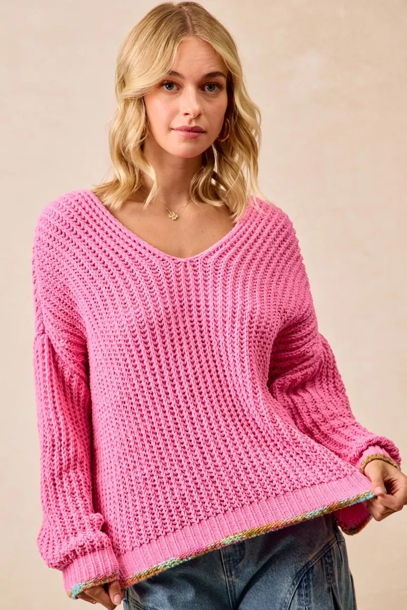 Trendsi boho v-neck sweater women in pink with cozy textured design and relaxed fit