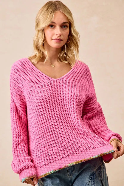 Trendsi boho v-neck sweater women in pink with cozy textured design and relaxed fit