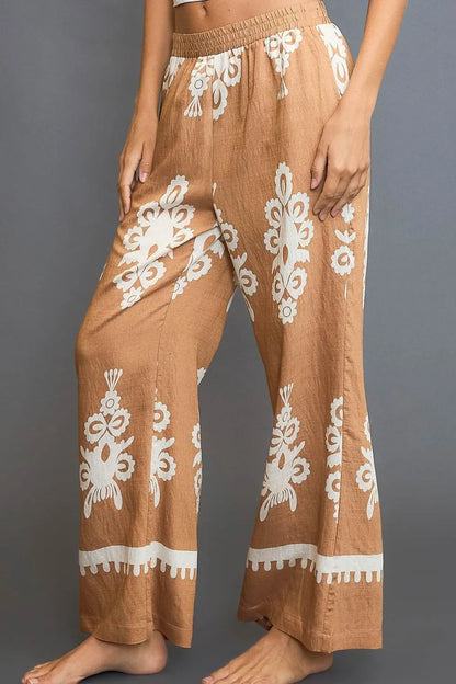 Trendsi plus size boho wide leg pants in brown with floral white embroidery design