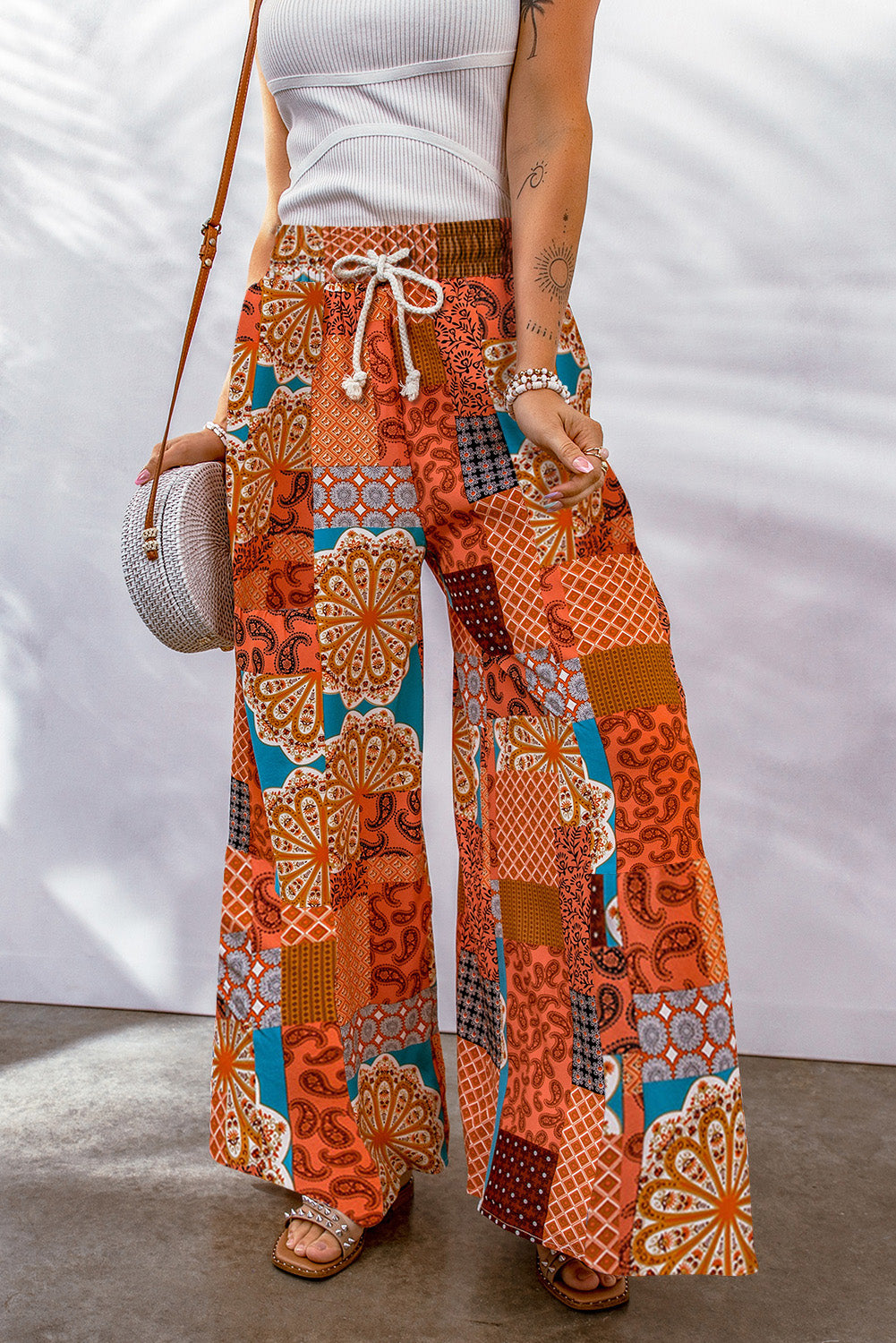Bohemian Patchwork Drawstring Wide Leg Pants-Soul Flow Apparel