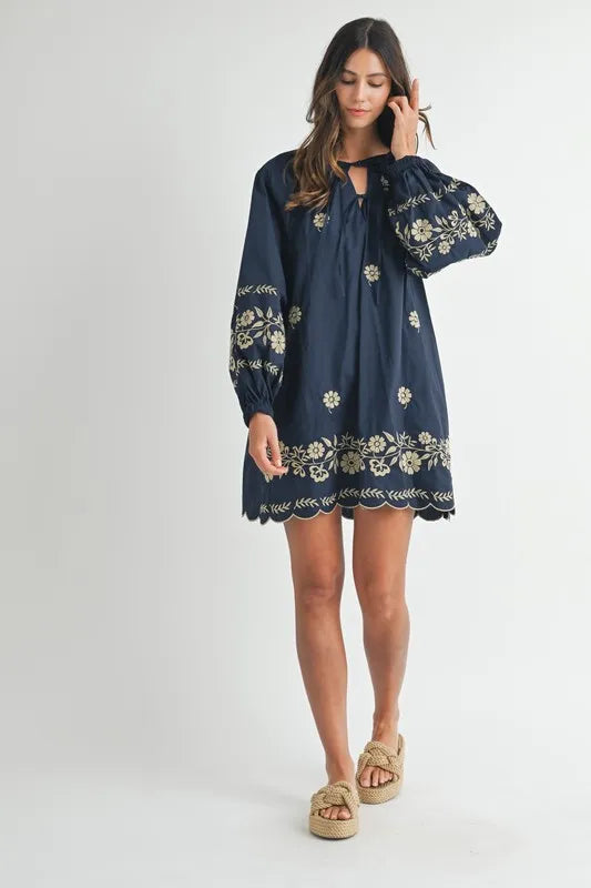 MABLE Embroidered Long Sleeve Peasant Mini Dress-Soul Flow Apparel