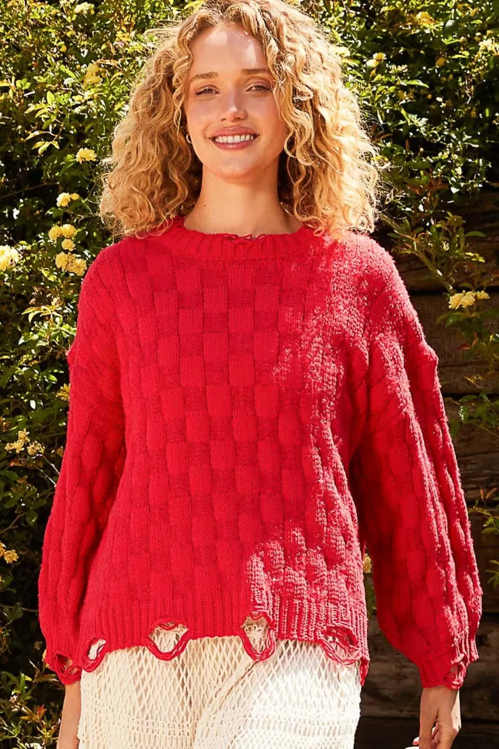 Trendsi boho checkered distressed sweater in vibrant red with textured design and relaxed fit