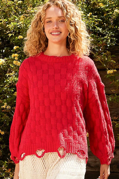Trendsi boho checkered distressed sweater in vibrant red with textured design and relaxed fit