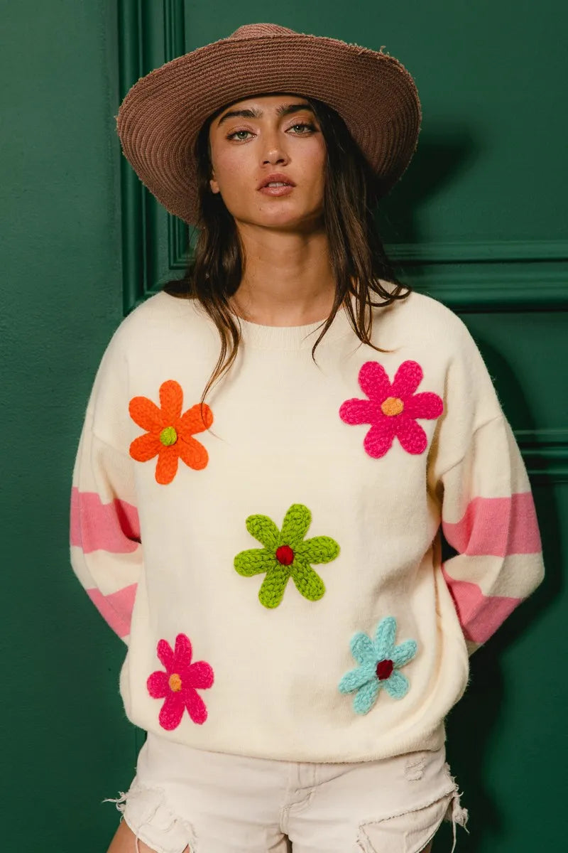 Trendsi colorful floral sweater for women with vibrant flower appliques and striped sleeves